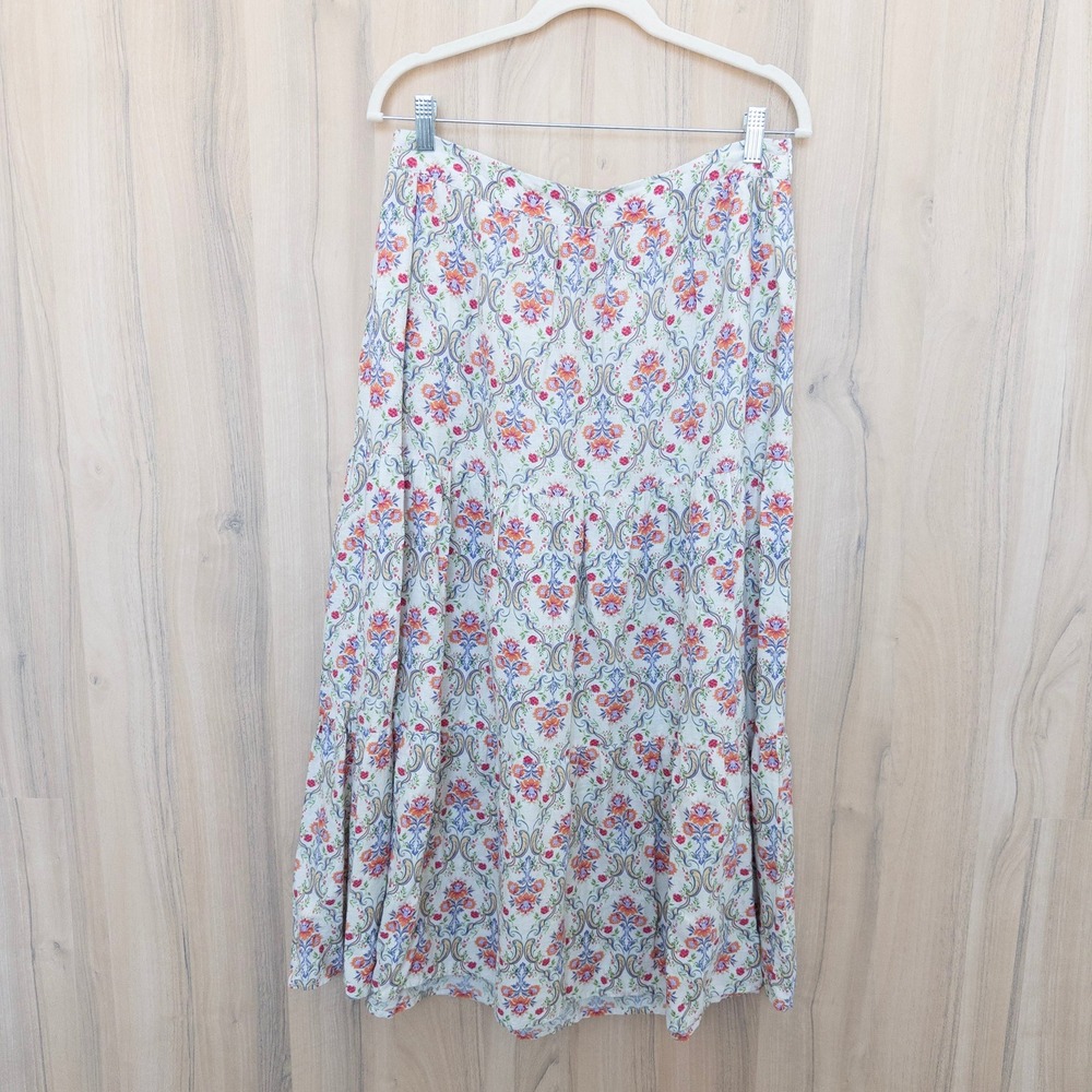Cynthia Rowley Linen Maxi Skirt Medium Floral Damask Tiered Boho Cottage Coastal